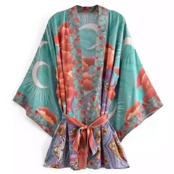 Green Cosmic Galaxy Moon Boho Short Kimono Coverup Robe - Picture 1 of 11